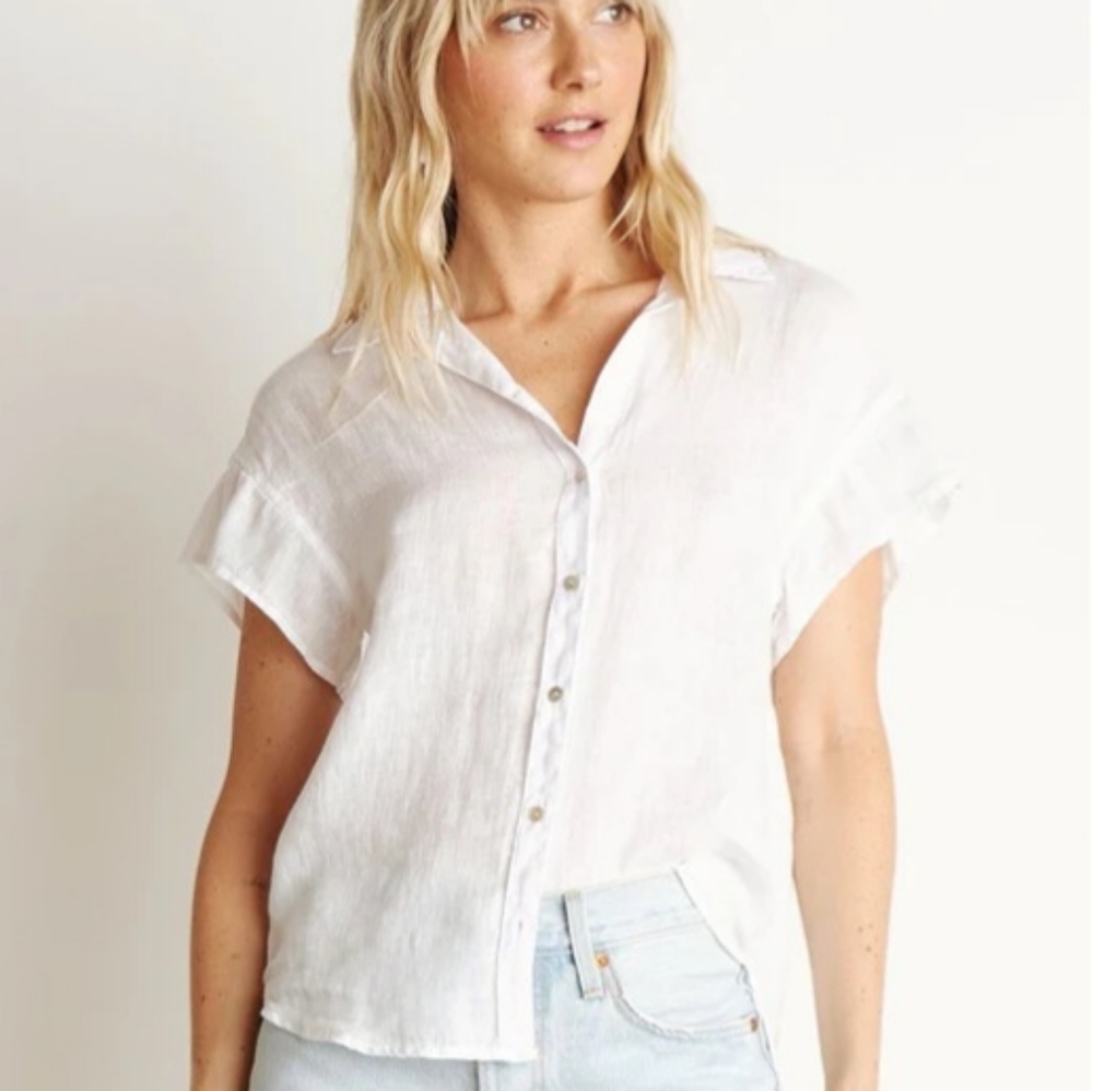 Bella Dahl NEW White Linen Ruffled Short Sleeve Top Shirt Blouse Size Medium - Picture 4 of 15